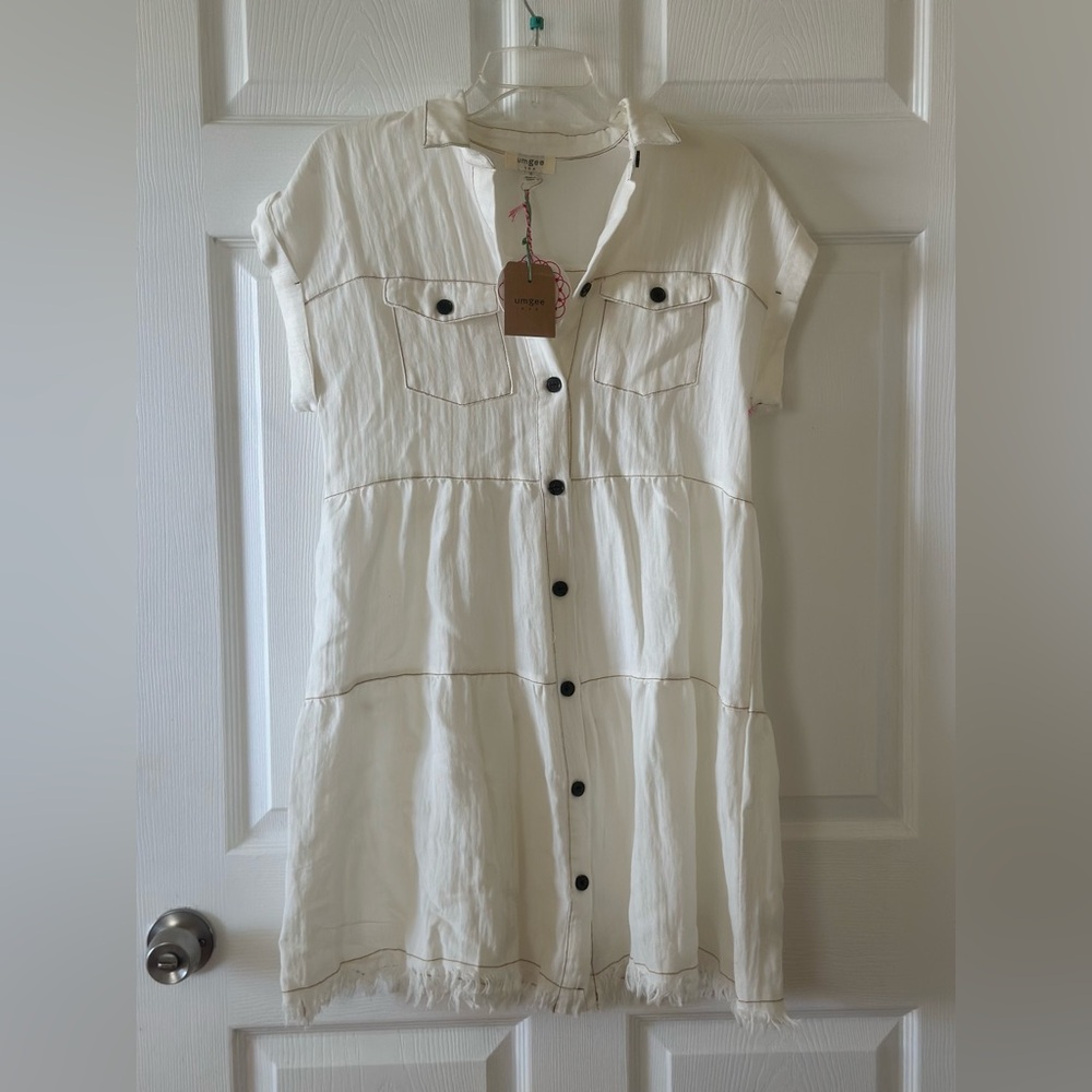 Umgee mini dress size S women’s cream short sleeve tiered button down raw